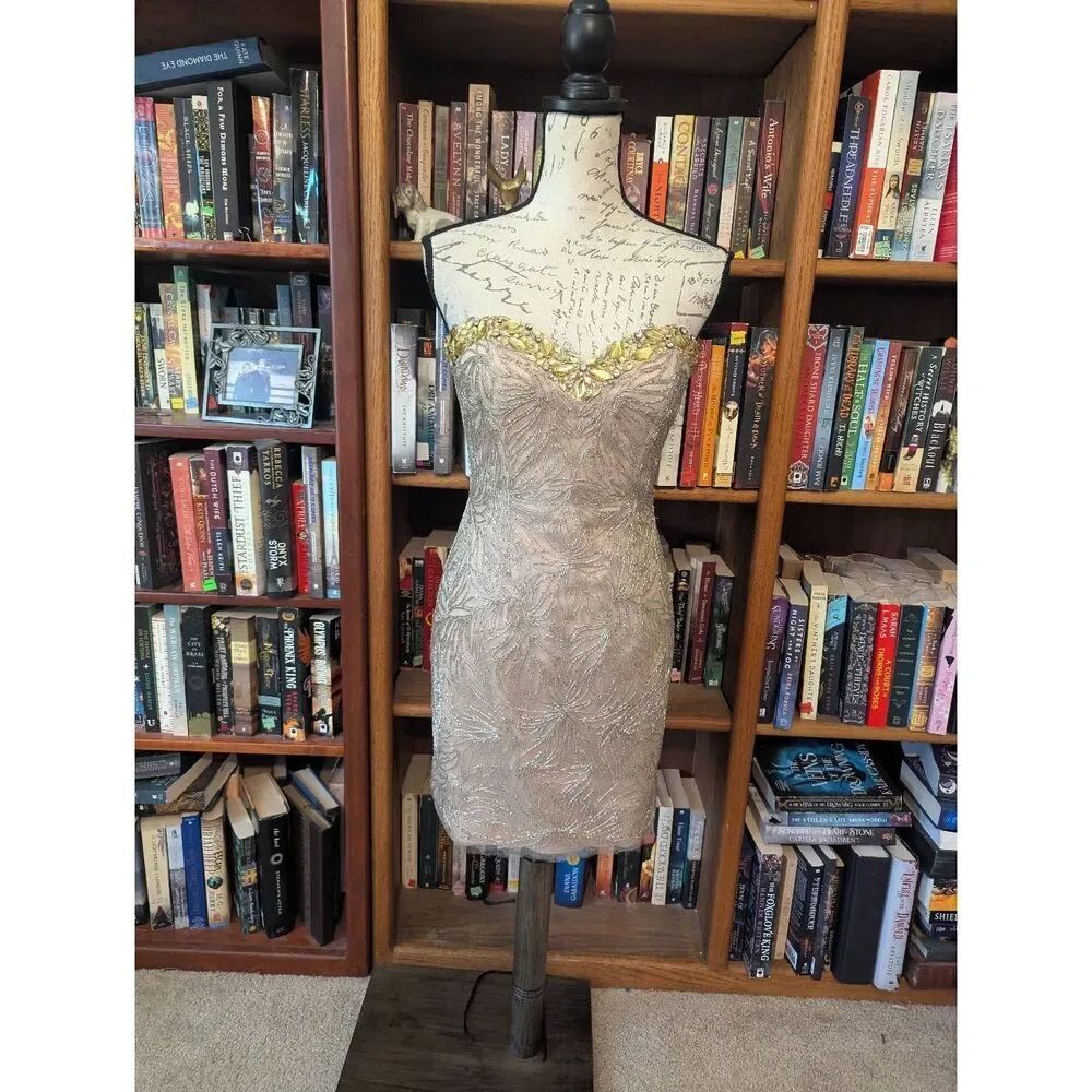 Sherri Hill Strapless Embellished Beaded Mini Cocktail Dress Silver Gold Size 4